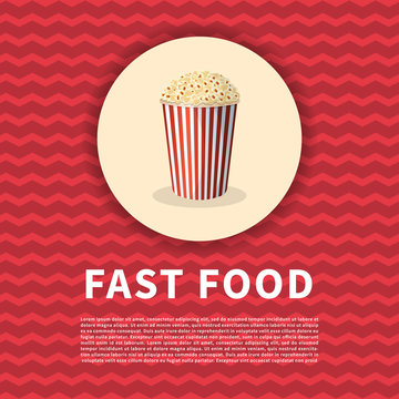 Popcorn poster. Cute colored picture of fast food. Graphic design elements for menu, poster, brochure advertising, packaging. Vector illustration of fast food for bistro, snackbar, cafe or restaurant.