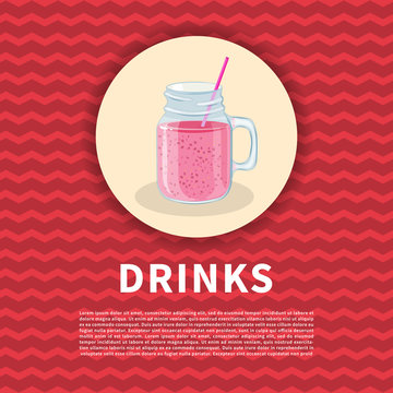 Delicious strawberry smoothies poster. Cute colored picture of drinks. Graphic design elements for menu, poster, ad, brochure. Vector illustration of beverage for bistro, snackbar, cafe or restaurant.