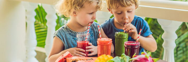 Children drink colorful healthy smoothies.. Watermelon, papaya, mango, spinach and dragon fruit. Smoothies, juices, beverages, drinks variety with fresh fruits on a wooden table BANNER, long format