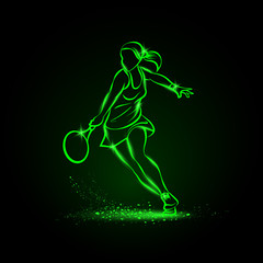 Naklejka na ściany i meble Professional woman tennis player illustration. Green linear neon tennis player on a black background.