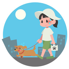犬　ペット　散歩　夏　暑い　女性　熱中症　背景　昼