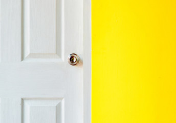 White door and yellow brick wall.