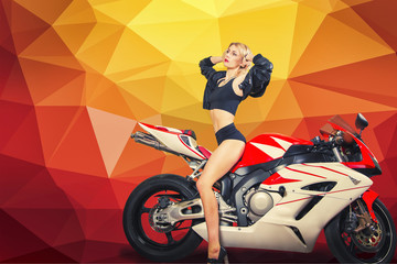 Obraz na płótnie Canvas Blonde girl on a sportbike on a yellow background