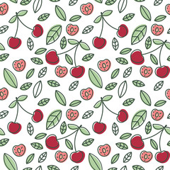Cherry seamless pattern. Hand drawn fresh berry. Vector sketch background. Color doodle wallpaper. Red and green print