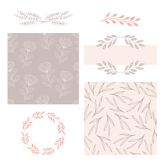 Selection of neutral colored patterns, wreath and dividers. Elegant hand drawn design. Vector isolated elements.