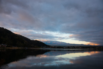 Panorama image of Mount Fuji and Lake.