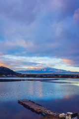 Obraz premium Panorama image of Mount Fuji and Lake.