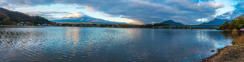 Panorama image of Mount Fuji and Lake.