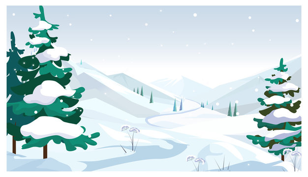 Winter fields with falling snow vector illustration. Pine trees with snow on twigs. Season concept