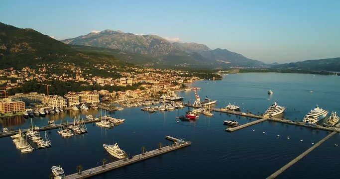 Aerial view of the evening in Porto Montenegro in Tivat