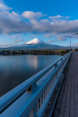 Panorama image of Mount Fuji and Lake.