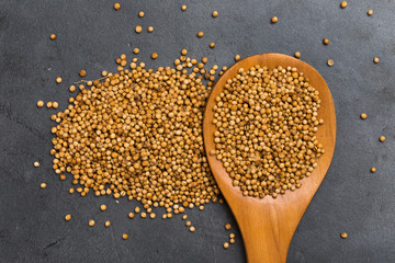 Pile of coriander seeds on dark granite blackground topview