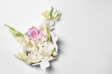 Composition with beautiful gladiolus flowers and torn paper