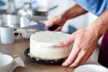 chef making red velvet cake
