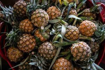 yellow pineapple type of tropical fresh fruits , heap of organic nutrition diet fruit at asian market in Thailand . common useful vitamin for good foods .