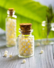 Homeopathy pills bottle wooden eco green leaf background