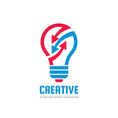 Creative idea - vector logo template concept illustration. Lightbulb and arrows icon. Electric lamp positive symbol. Brainstorm sign. Graphic design element