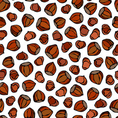 Hazelnut Seamless Endless Pattern. Whole and Peeled Hazelnut. Autumn or Fall Harvest Collection. Realistic Hand Drawn High Quality Vector Illustration. Doodle Style.