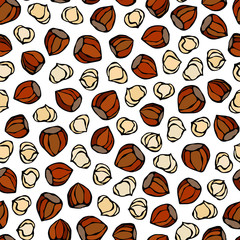 Hazelnut Seamless Endless Pattern. Whole and Peeled Hazelnut. Autumn or Fall Harvest Collection. Realistic Hand Drawn High Quality Vector Illustration. Doodle Style.