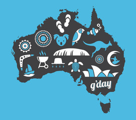 Australia icon set - blue, white & black - vector illustration
