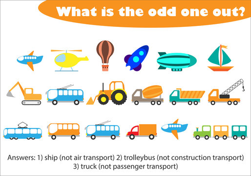 What is the odd one out for children, transport in cartoon style, fun education game for kids, preschool worksheet activity, task for the development of logical thinking, vector illustration