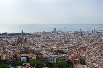 BARCELONA, SPAIN - AUG 30th, 2017: wide angle of barcelona shot from the bunkers de carmel offering amazing panoramic views over the city skyline