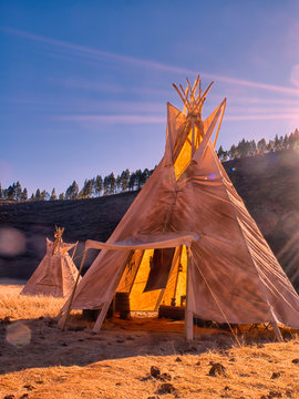 American native tent camp teepees