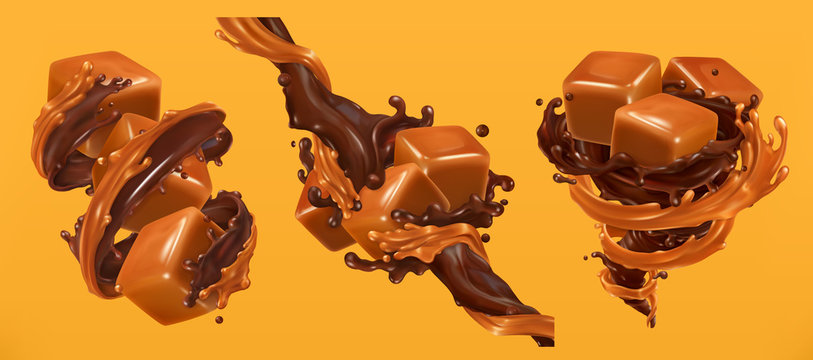 Chocolate and caramel splashes, 3d realistic vector