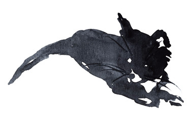 Hand drawn watercolor silhouette of a black pretty kitten.