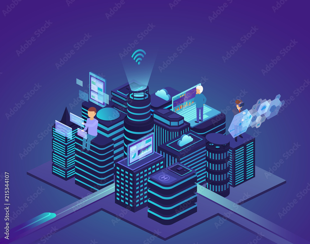 Poster smart city of high technology. control system and automation of city processes with help of computer