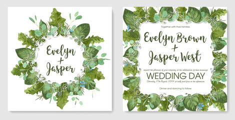 foliage vector watercolor set. Template of wedding invitation, greeting card, labels. Leaves of gerbera, roses and eucalyptus branches, wax flowers with frames