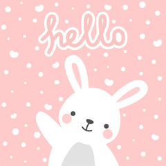 Obraz premium Rabbit vector print, baby shower card. hello bunny with balloon cartoon illustration, greeting card, kids cards for birthday poster or banner, cartoon invitation