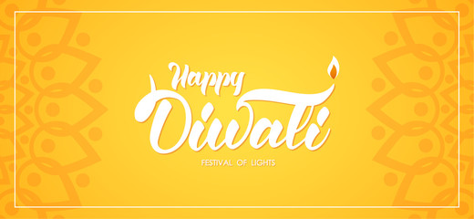 Happy Diwali. Greeting banner wit hand lettering, Indian ornament and lamp with flame.