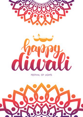 Happy Diwali. Greeting card wit hand lettering, Indian ornament and lamp on white background.