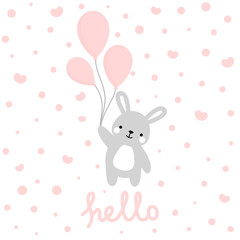 Rabbit vector print, baby shower card. hello bunny with balloon cartoon illustration,  greeting card, kids cards for birthday poster or banner, cartoon invitation