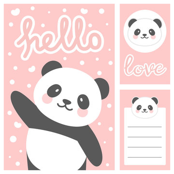 Panda vector print, baby shower card. hello panda with balloon cartoon illustration,  greeting card, kids cards for birthday poster or banner, cartoon invitation