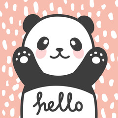 Fototapeta premium Panda vector print, baby shower card. cześć panda z ilustracją kreskówki balonu, kartką z życzeniami, kartkami dla dzieci na plakat lub baner urodzinowy, zaproszenie z kreskówek