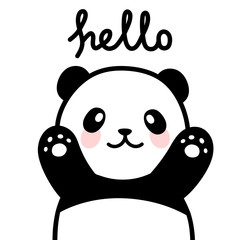Obraz premium Panda vector print, baby shower card. hello panda with balloon cartoon illustration, greeting card, kids cards for birthday poster or banner, cartoon invitation