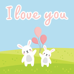 Rabbit vector print, baby shower card. hello bunny with balloon cartoon illustration,  greeting card, kids cards for birthday poster or banner, cartoon invitation