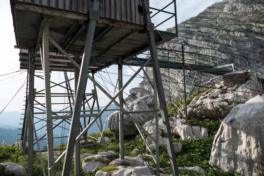 wooden structure od a cablecar to welser hutte in totes gebirge