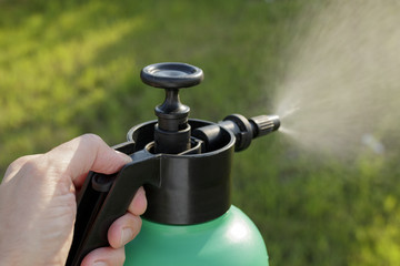 Spraying Pesticide from a Plastic Garden Aerosol Can