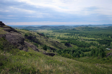 Fototapeta na wymiar Scenic landscape of South Ural mountains near Kryiktyitau range, Bashkiria, Russia