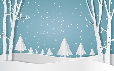 Foto auf Alu-Dibond Merry christmas,Snow forest. pines in winter and mountain Paper vector Illustration © 3rus