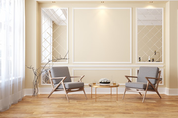 Classic beige modern interior empty room with lounge armchairs, table and mirrors.