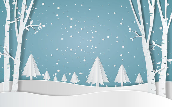 Merry christmas,Snow forest. pines in winter and mountain Paper vector Illustration