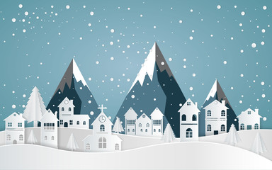 Fototapeta na wymiar winter with homes and snowy paper art . beautiful scenery in the design vector