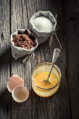 Tasty and fresh dessert made of sugar, yolk and cocoa