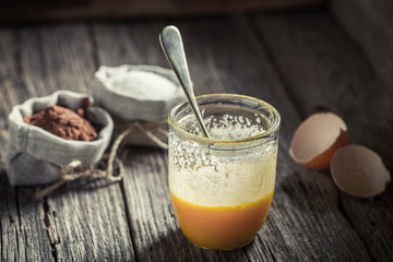 Closeup of sweet dessert made of sugar, yolk and cocoa