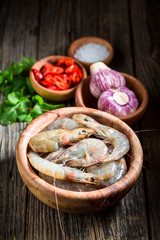 Closeup of preparation for tasty and sweet shrimp
