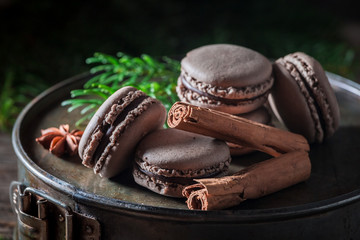 Closeup of macaroons for Christmas with cinnamon and spruce